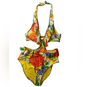 Aerie Ruffle Halter One Piece Swimsuit Womens Large Yellow Floral Side Cut Outs